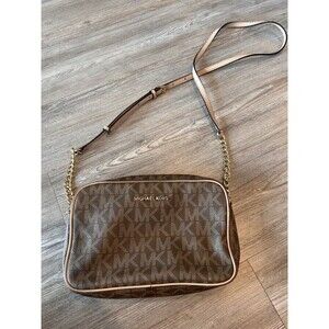 Michael Kors Jet Set Crossbody Bag Brown Logo MK Gold Hardware Large